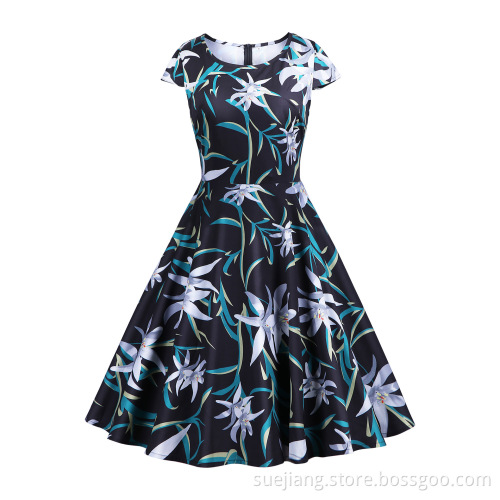 Knee-Length Colorful Printed Fabric Retro Dress